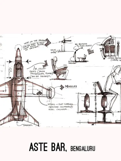 This is one of our initial concept sketches for the Aste Bar. The drawing shows how we planned to reuse different parts of an aircraft, from seats to wings, to create a functional and unique bar interior.
