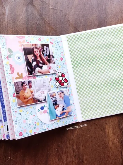 This page includes photos from the pregnancy journey and delivery, with cute pill-shaped embellishments.