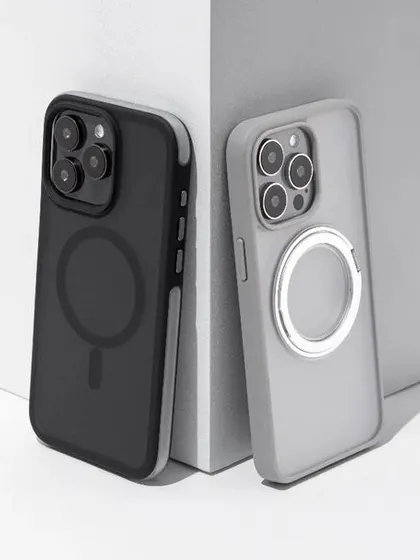 A studio shot of Fusegear's iPhone cases. The simple, geometric arrangement against a neutral grey background highlights the sleek design and different color options of the products.