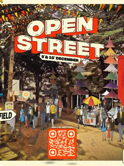 A location-specific poster for the Open Street event in Whitefield. Our production included creating clear and attractive promotional materials with QR codes for easy navigation for attendees.