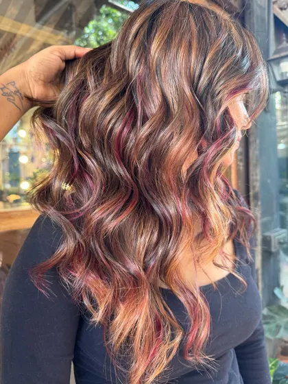 Kicking summer to the curb with this fresh cut and color. A mix of red and caramel, this is a non-bleach color. (No filter)