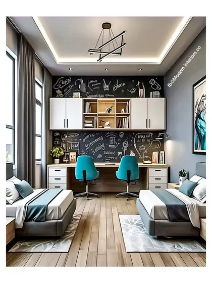 A perfect setup for twins. This room features two separate beds with a shared, long study desk in between. The chalkboard wall is a fantastic way to encourage creativity and leave fun notes.