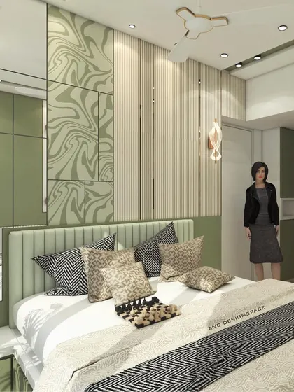 A bedroom concept that plays with patterns and textures. The wall behind the bed combines fluted panels with a striking green marble-effect design, creating a bold and artistic statement.