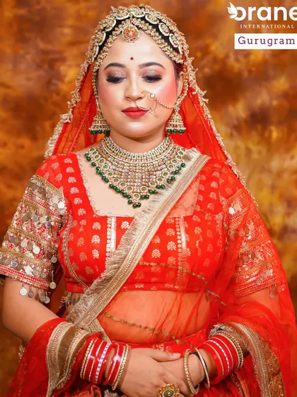 This image shows the full composition of a Rajasthani bride. I teach students how to balance heavy jewelry and bright colors with makeup that enhances, rather than overwhelms, the bride's features.