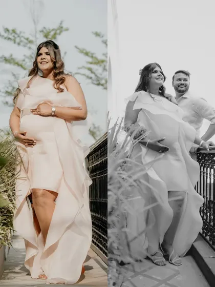 A diptych of the mom-to-be, in both color and black and white. These portraits capture her beauty and the flowing elegance of her dress.