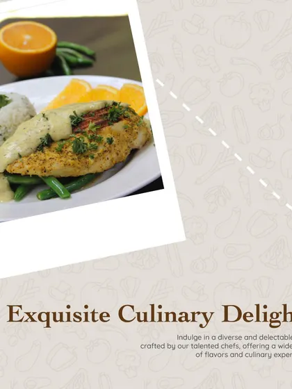 We offer exquisite culinary delights from a diverse and delectable menu, crafted by our talented chefs to provide a wide range of flavors.