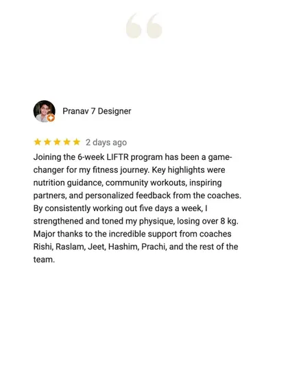 Pranav's review highlights the key aspects of his journey: nutrition guidance, community workouts, inspiring partners, and personalized feedback.