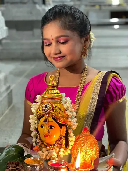 Our little house Lakshmi, all ready for the Varamahalakshmi festival. I love doing makeup for kids, keeping it light, fun, and age-appropriate.
