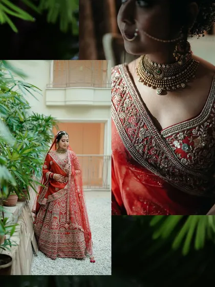 A collage that focuses on the details. It pairs a full-length shot with a close-up of the lehenga's intricate embroidery and the bride's necklace, showing our eye for detail.