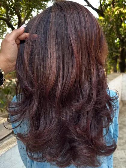 Another angle of the beautiful 'Mahogany + Plum' hair.