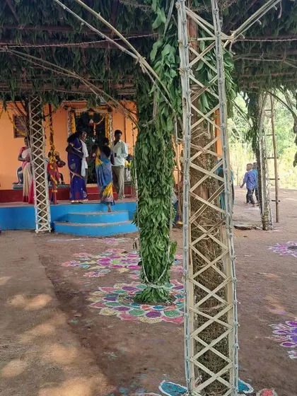 The shrine at the 'Roti Habba', decorated with rangoli. The Soligas' connection to the earth is profound; they traverse the forest barefoot.