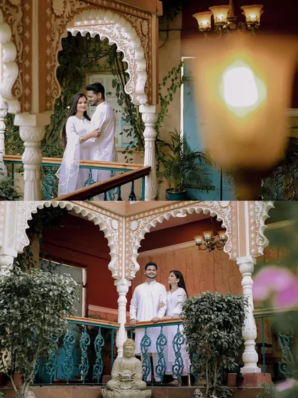 Using creative framing to capture a romantic moment between Sahas and Shradha during their pre-wedding session.
