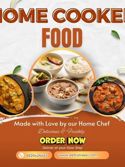 Home cooked food, made with love by our home chef. This graphic highlights our core offering for daily meals and party orders.
