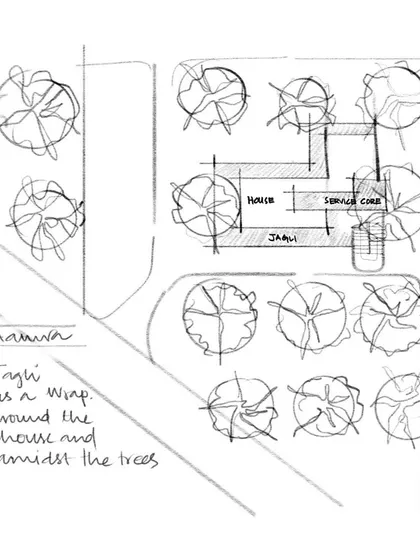 The initial concept sketch for "Aamra," showing the house as a simple form wrapped by a 'Jagli' (verandah) and nestled amidst the existing mango trees. This drawing captures the core idea of the project.