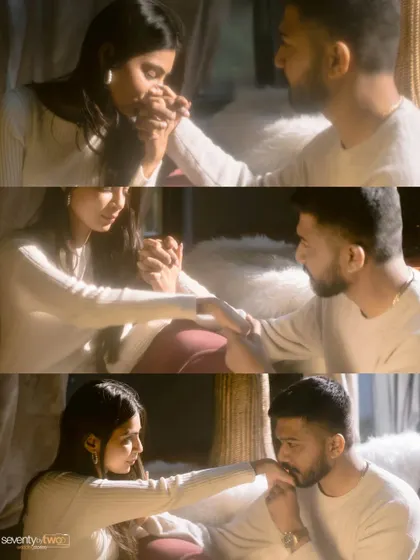 A series of gentle gestures. A kiss to the hand, a shared glance. This collage captures the small, tender interactions that build a love story, framed by beautiful, soft lighting.