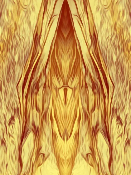 'Think right'. A symmetrical digital artwork derived from natural textures. The piece explores themes of nature and feminine energy through its abstract, Rorschach-like form.