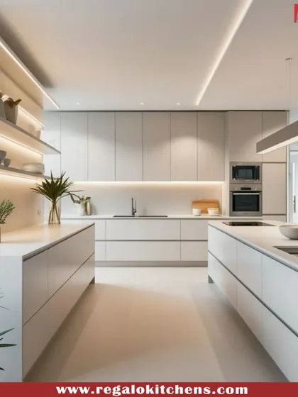A bright and spacious parallel kitchen with open shelving and integrated ovens. The clean lines and handle-less design create a seamless, ultra-modern aesthetic.