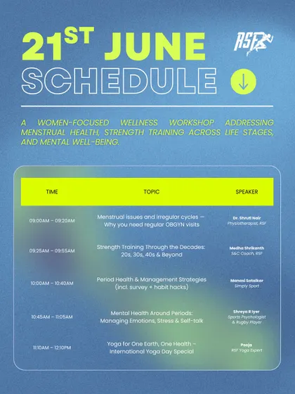 A detailed breakdown of our women-focused wellness workshop schedule. We bring together physiotherapists, S&C coaches, sports psychologists, and yoga experts to provide a comprehensive experience.