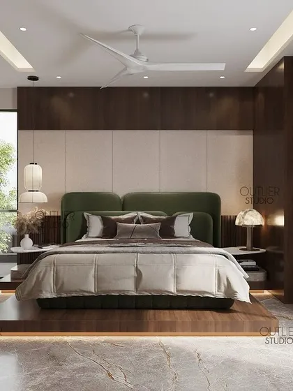 Simplicity in serenity. This bedroom design features a raised platform bed with integrated lighting, a simple yet elegant headboard, and floor-to-ceiling windows that flood the space with natural light.