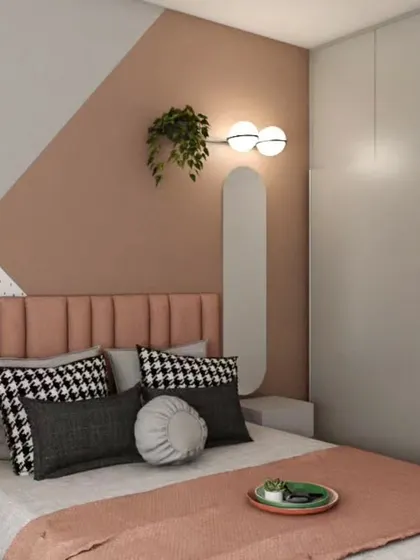 A 3D render of a chic bedroom with a soft, earthy color palette. The design features a channel-tufted pink headboard and geometric wall paint.