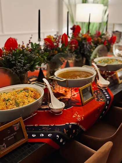 A buffet table from a Diwali celebration we catered for designers Shivan & Narresh, featuring their signature prints and our modern Indian cuisine.