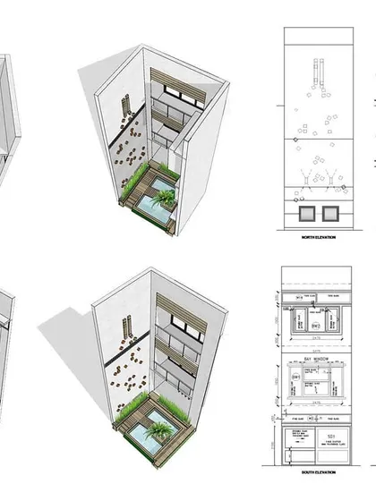 Technical drawings and 3D axonometric views for an internal courtyard. These plans detail the construction, layout, and planting for a small-scale but complex feature designed to bring light and air into the core of a home.