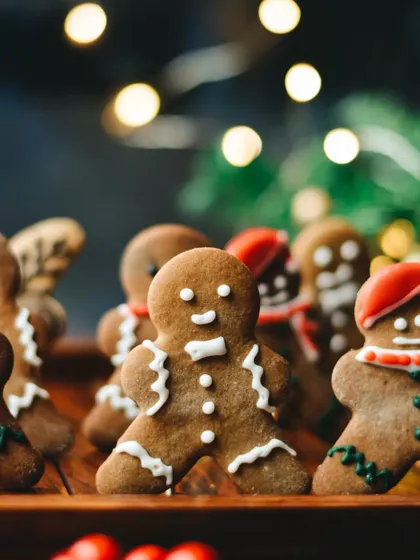 An army of adorable gingerbread men. The shallow depth of field puts one cute character in focus, creating a playful and charming image that is quintessentially Christmas.