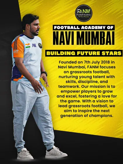 This graphic outlines the mission of my academy. Founded in 2018, my goal is to lead grassroots football in Navi Mumbai by nurturing young talent with skills, discipline, and teamwork.