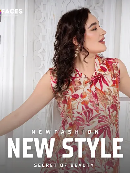 A model in a floral and leaf print top, exuding a vibrant and cheerful vibe for a summer collection.