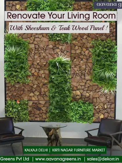 For a truly unique look, we combine natural materials. This living room wall features our handmade Sheesham and Teak wood panels, with sections of artificial vertical gardens integrated into the design for a touch of green.