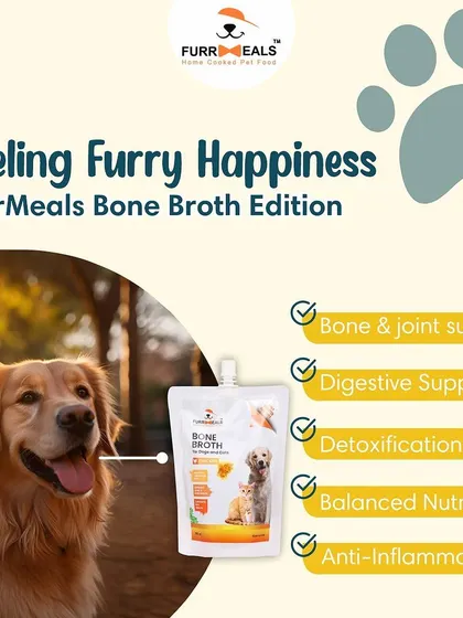 These images are part of series showing happy dogs and the bone broth product, reinforcing its benefits and appeal.