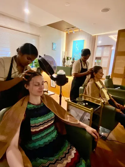 Our international clients from France enjoying a relaxing hair treatment. My team is trained to provide attentive, personalized care, ensuring every step of the process is comfortable and rejuvenating.