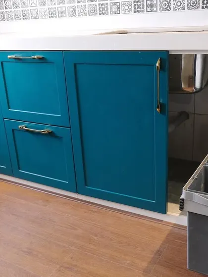 This kitchen features a pull-out double waste bin integrated neatly into the cabinetry. This keeps trash and recycling bins hidden from view and off the floor, maintaining a clean and organized space.