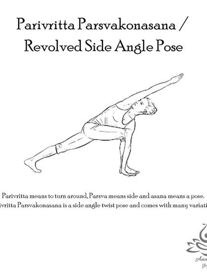 Parivrtta Parsvakonasana (Revolved Side Angle Pose) gives a good stretch to the torso and hips, strengthens the legs, and improves digestion.