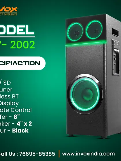Another view of the INV-2002 tower speaker. Its sleek black finish, powerful 8-inch woofer, and LED display make it a stylish and high-performing addition to any room.