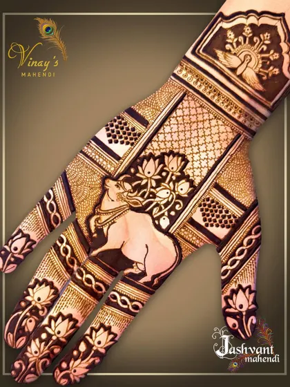 A unique design featuring a cow and lotus motif on the palm. This is a beautiful representation of sacred elements from Indian culture, surrounded by modern geometric patterns.