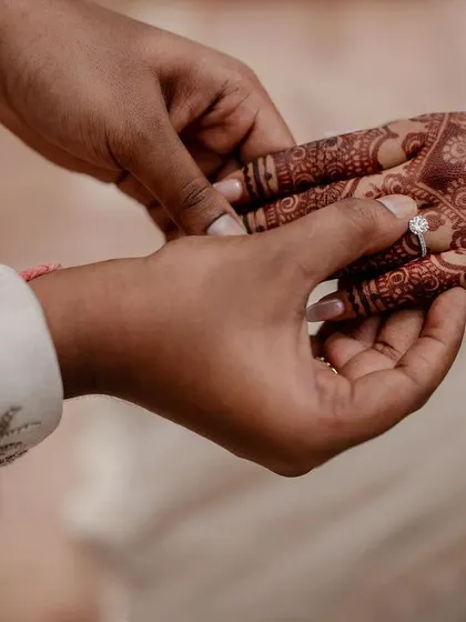 The symbol of a lifelong promise. We focus on the small but significant details, like the exchange of rings, capturing the intricate henna and the profound meaning of this moment.