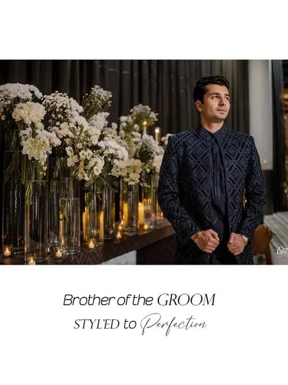 The brother of the groom, styled to perfection. We dressed him in a deep blue textured jacket that coordinated with the father of the groom, creating a cohesive family look.