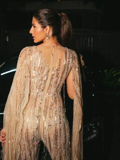 This is a detailed look at the sheer, glittering gown I styled for Elnaaz Norouzi for the Global Spa Awards. The way the light catches the embellishments is just magical.