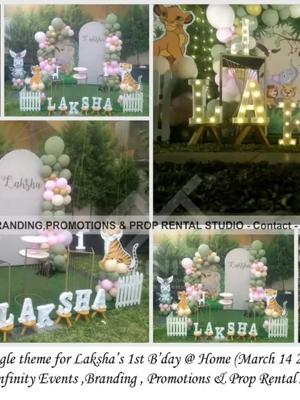 A simple and elegant jungle theme for a first birthday celebration at home. This lovely outdoor setup uses pastel balloons, animal cutouts, and marquee letters to create a soft and charming safari atmosphere.