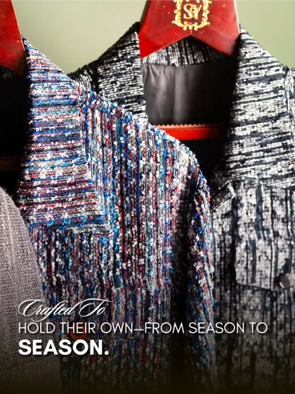 A detailed shot of our textured shackets. These garments are crafted to hold their own from season to season, offering a stylish and functional layer for any wardrobe.