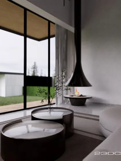 The formal living area in the Meraki project features a suspended fireplace, creating a cozy yet contemporary focal point. The minimalist design and large windows overlooking the garden make this a perfect space for relaxation.