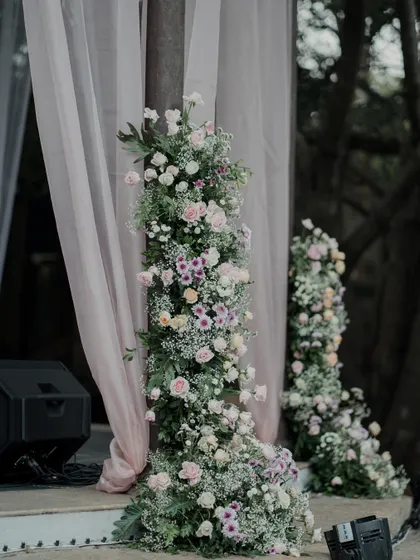 Pastel floral arrangements on the Sangeet stage, creating a soft and romantic look.
