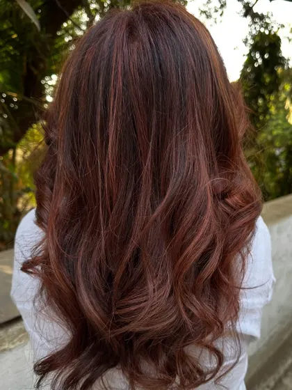 The back view of the stunning 'Cowboy Copper' look.