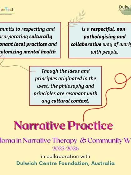 We offer a Diploma in Narrative Therapy & Community Work in collaboration with the Dulwich Centre Foundation, Australia. This graphic explains that Narrative Practice is a respectful, collaborative way of working that incorporates culturally resonant practices.