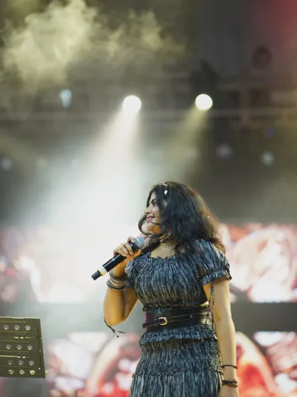 A powerful shot from a live concert, with the stage smoke and spotlights creating a dramatic effect. We can bring this full concert production to you.