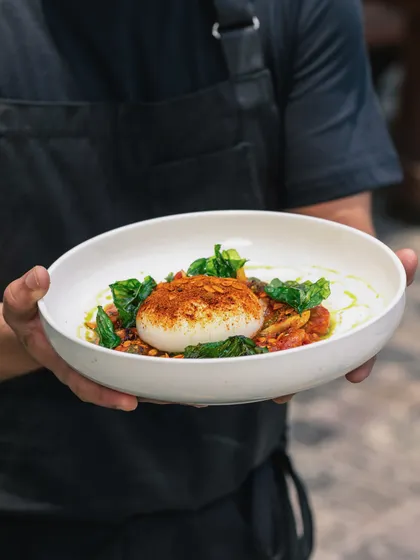 A server presents the Burrata Salad, a beautiful and inviting dish. The creamy white burrata stands out against the vibrant red and green of the tomatoes and pesto.
