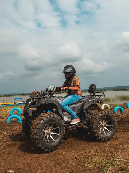 An action shot of an ATV ride on our lakeside track. The combination of speed and scenery makes this a memorable part of any corporate retreat at Ananthagiri Hills.