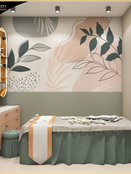 This treatment room concept features a custom wall mural with botanical motifs and a two-tone color scheme, creating a space that feels both artistic and calming.
