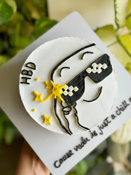 An overhead view of the "chill guy" meme cake, a fun and modern design for a laid-back birthday celebration.